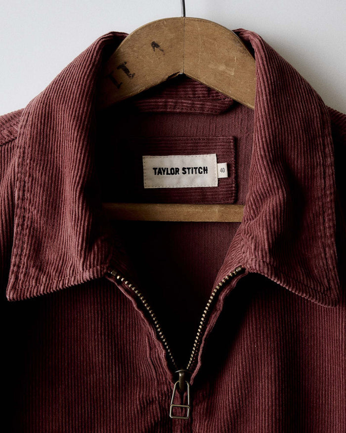 material shot of the collar on The Piston Jacket in Dried Cherry Corduroy