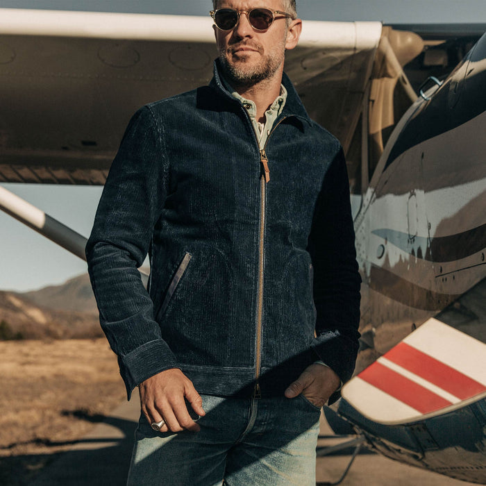 our fit model wearing The Piston Jacket in Indigo Corduroy