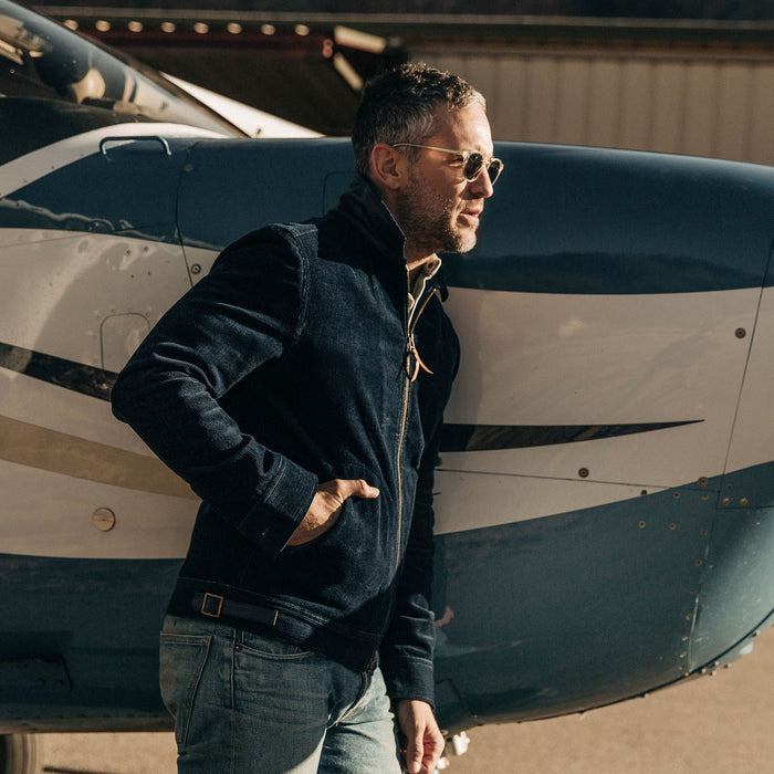 our fit model wearing The Piston Jacket in Indigo Corduroy