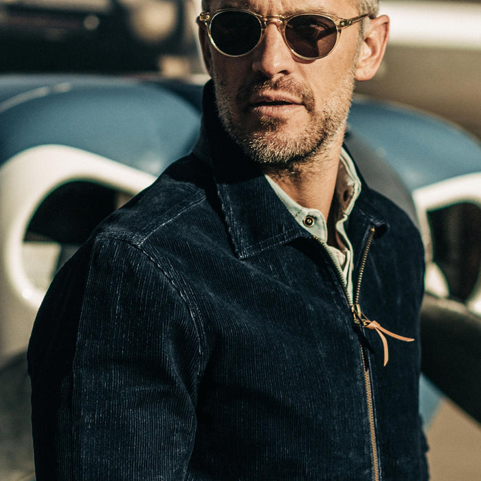 our fit model wearing The Piston Jacket in Indigo Corduroy