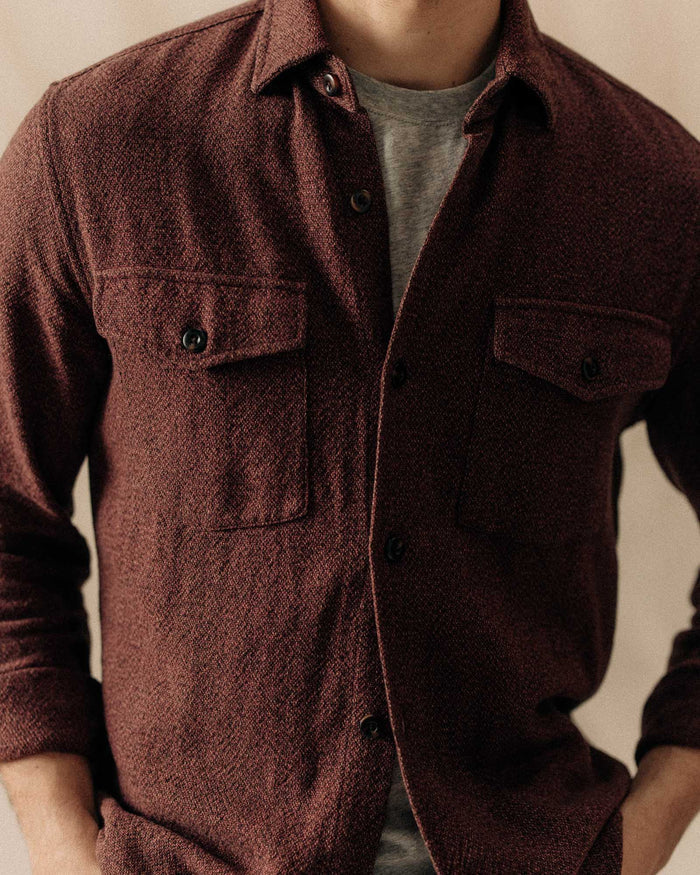 fit model posing in The Point Shirt in Burgundy Linen Tweed