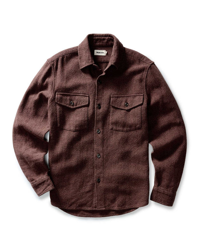 editorial image of The Point Shirt in Burgundy Linen Tweed hanging