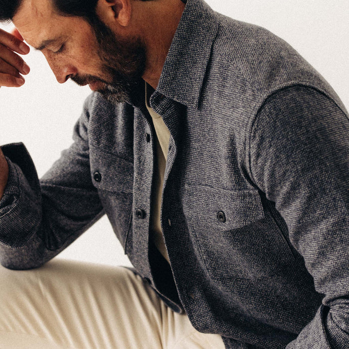 fit model posing in The Point Shirt in Heather Blue Linen Tweed