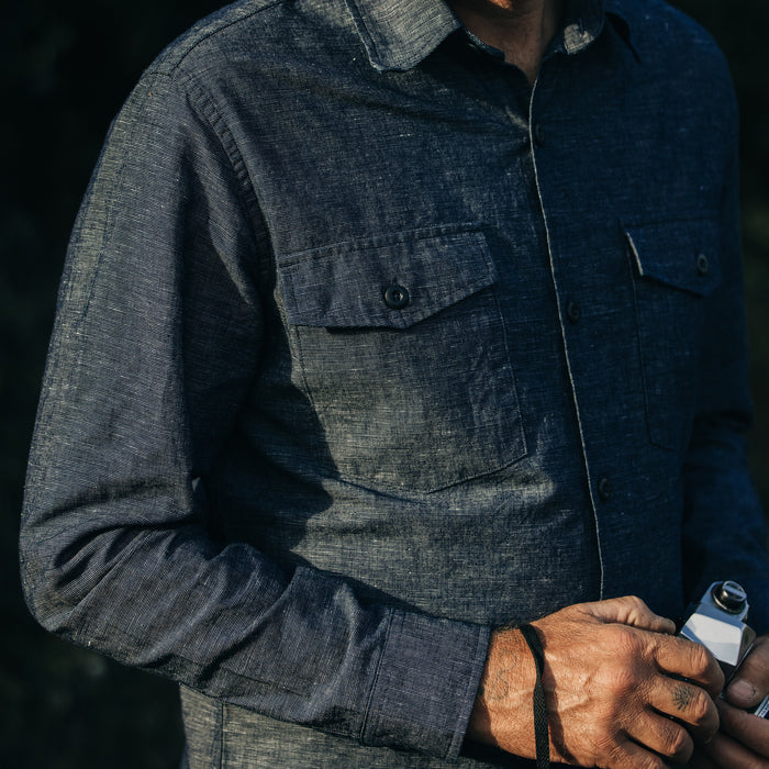 fit model wearing The Point Shirt in Indigo Slub