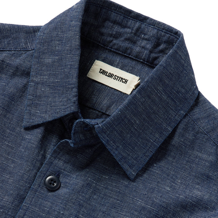 material shot of the collar on The Point Shirt in Indigo Slub