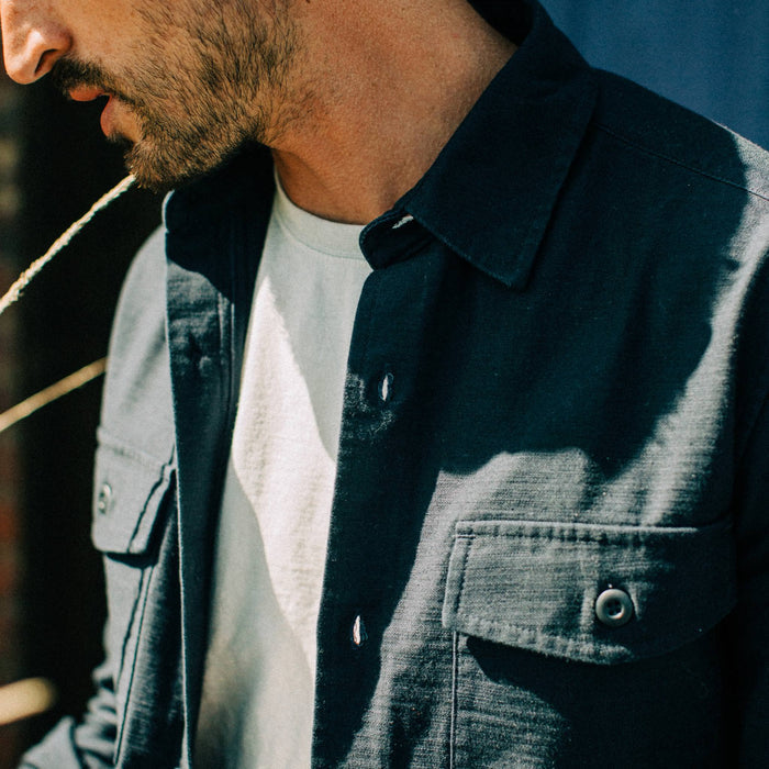 fit model wearing The Point Shirt in Navy Reverse Sateen, chest cropped shot