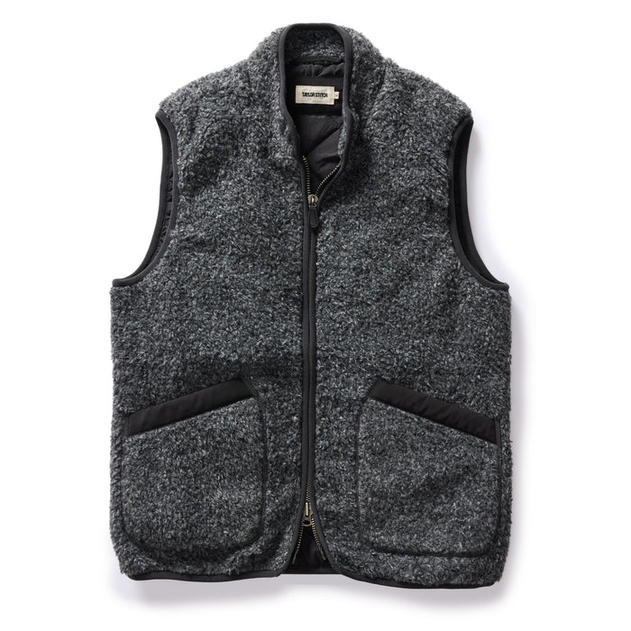 flatlay of The Port Vest in Coal Marl Boucle Fleece