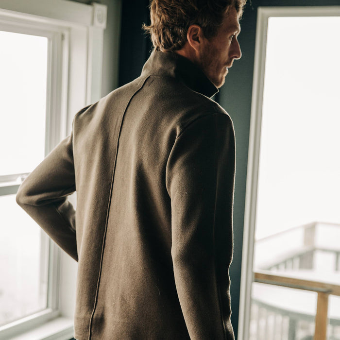 fit model wearing The Prout Jacket in Turkish Coffee, back