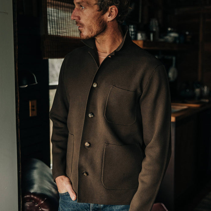 fit model wearing The Prout Jacket in Turkish Coffee, looking left