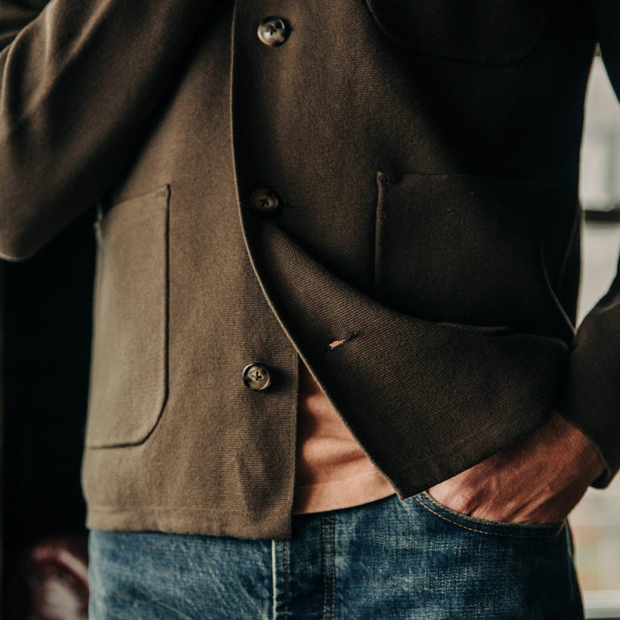 fit model wearing The Prout Jacket in Turkish Coffee, bottom detail