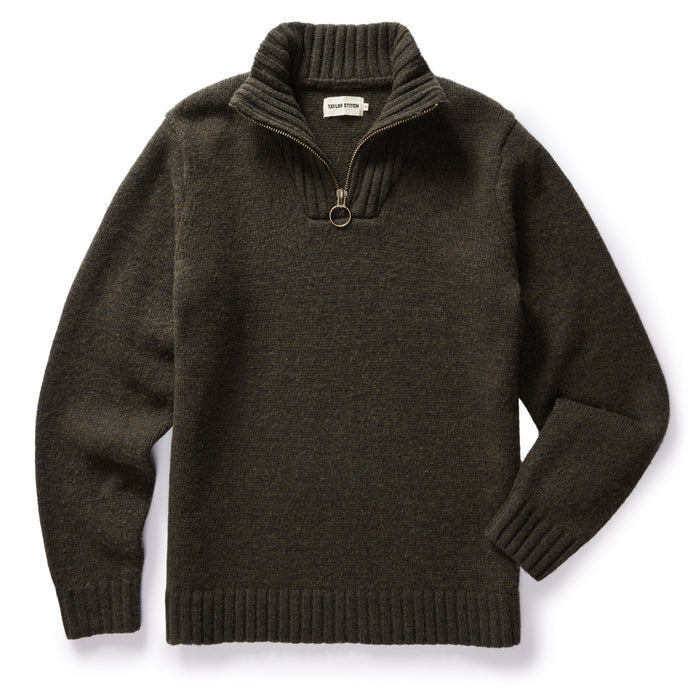 flatlay of The Quarter Zip Tanker Sweater in Loden