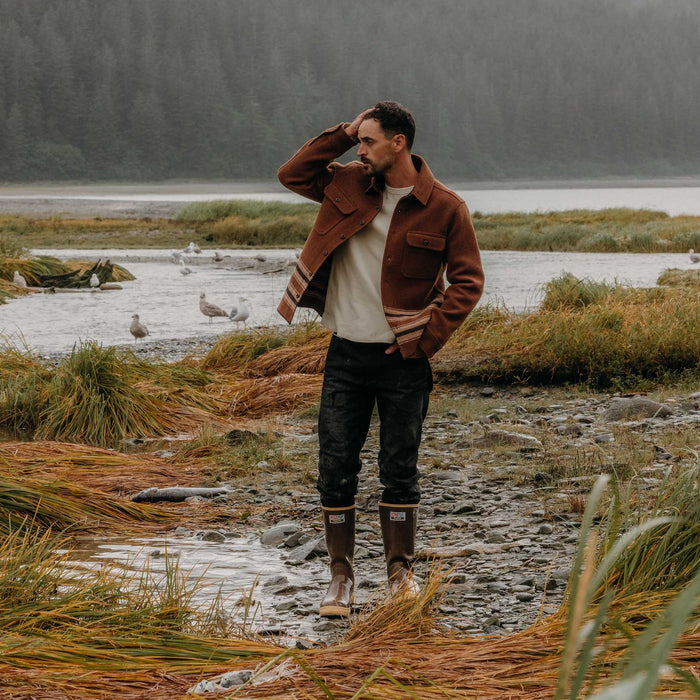 fit model showing off The Ranger Shirt in Tarnished Copper Blanket Stripe