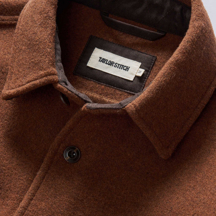 material shot of the collar on The Ranger Shirt in Tarnished Copper Blanket Stripe