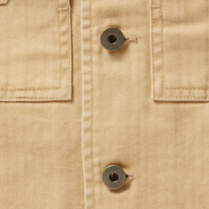 material shot of the placket of The Reserve Shirt in Khaki Herringbone