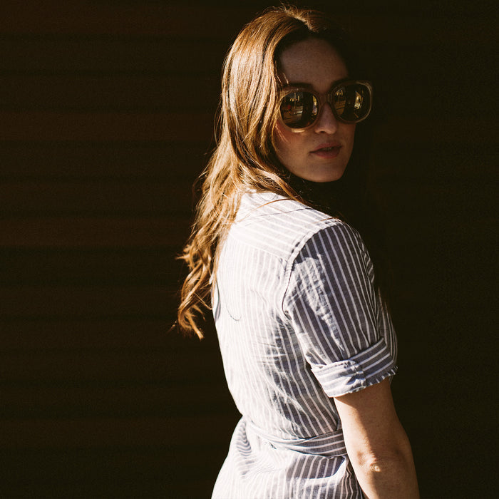 The Riley Dress in Indigo Stripe