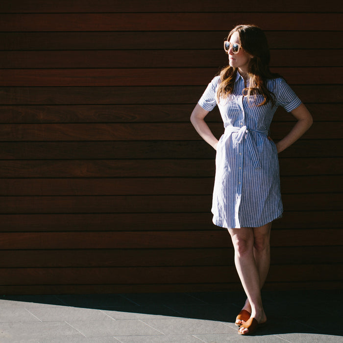 The Riley Dress in Indigo Stripe
