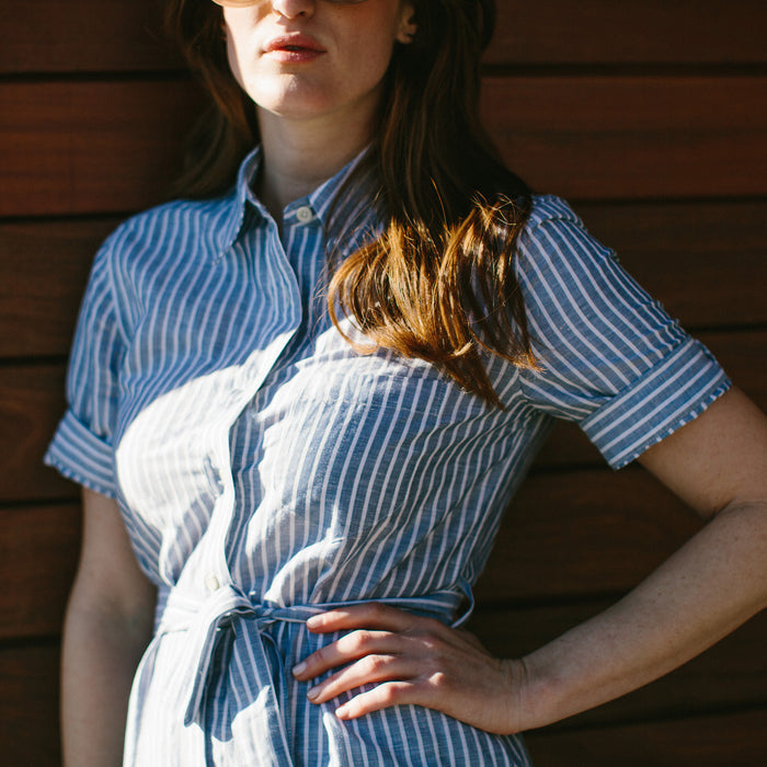 The Riley Dress in Indigo Stripe