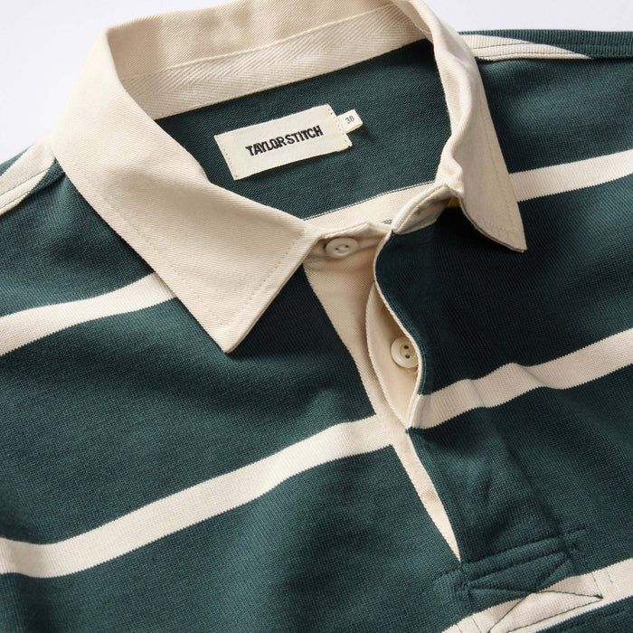 material shot of the buttons on The Rugby in Dark Forest Stripe