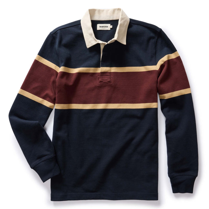 flatlay of The Rugby in Dark Navy Stripe
