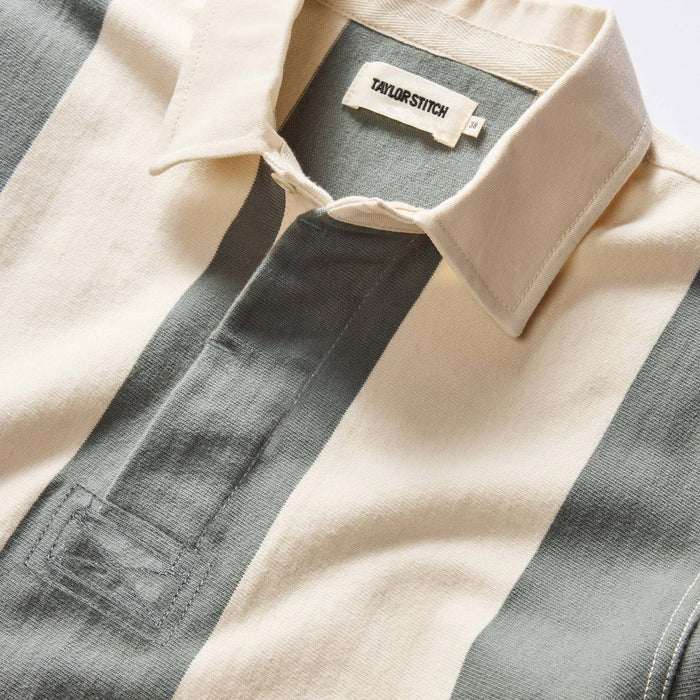 material shot of the collar on The Rugby Shirt in Deep Sea Stripe