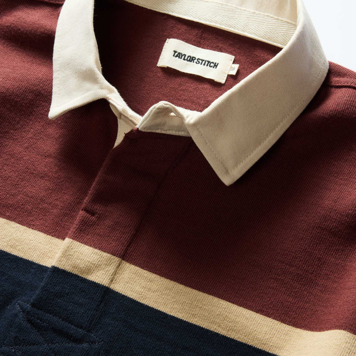 material shot of the collar on The Rugby Shirt in Dried Cherry Stripe