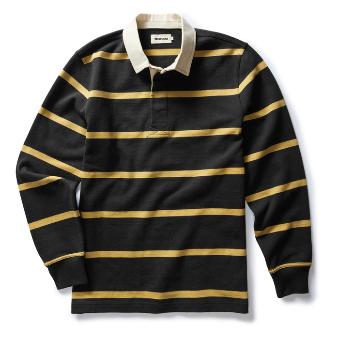 flatlay of The Rugby Shirt in Faded Black Stripe