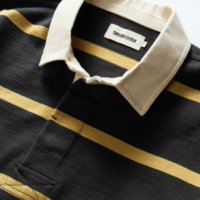 material shot of the collar on The Rugby Shirt in Faded Black Stripe