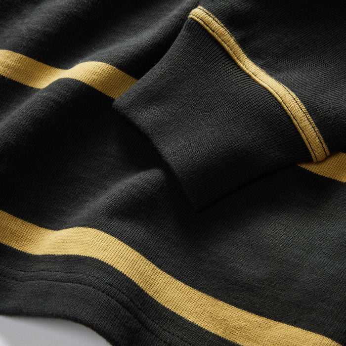 material shot of the sleeves on The Rugby Shirt in Faded Black Stripe