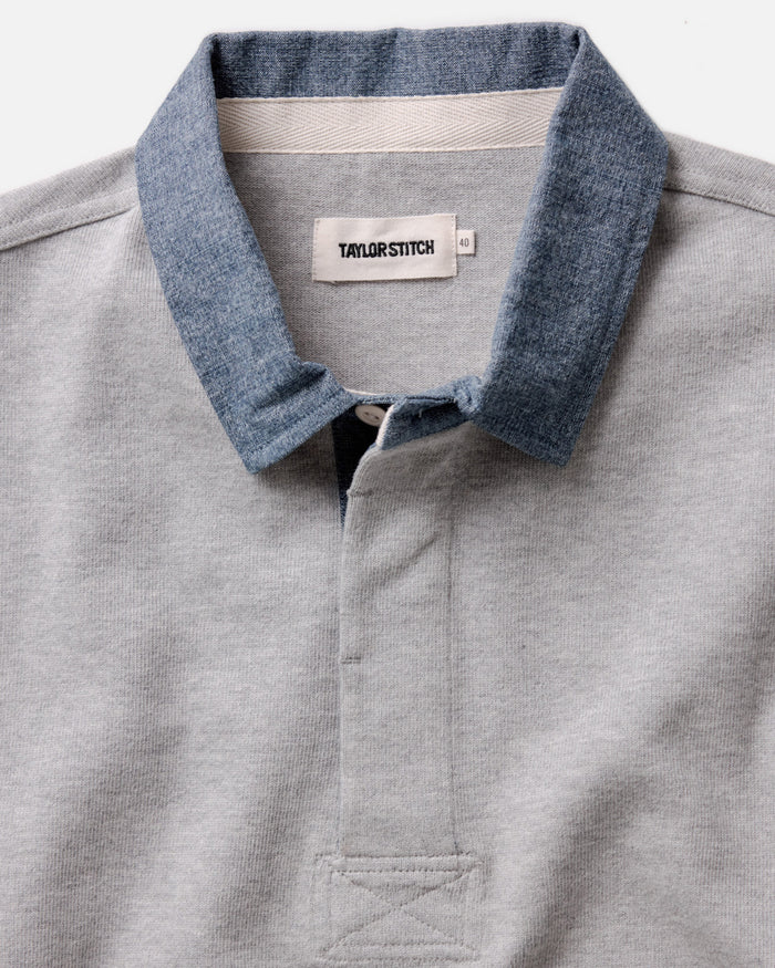 material shot of the collar on The Rugby Shirt in Heather Grey
