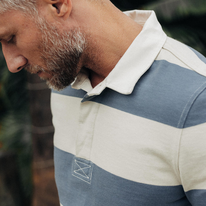 fit model showing off the collar on The Rugby Shirt in Storm Stripe
