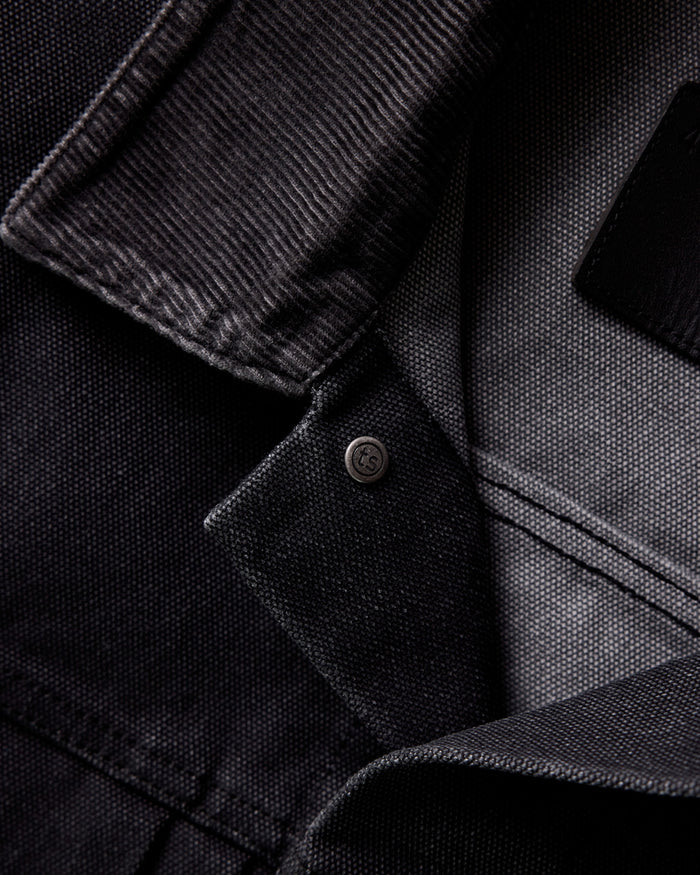 material shot of the collar on The Ryder Jacket in Coal Chipped Canvas