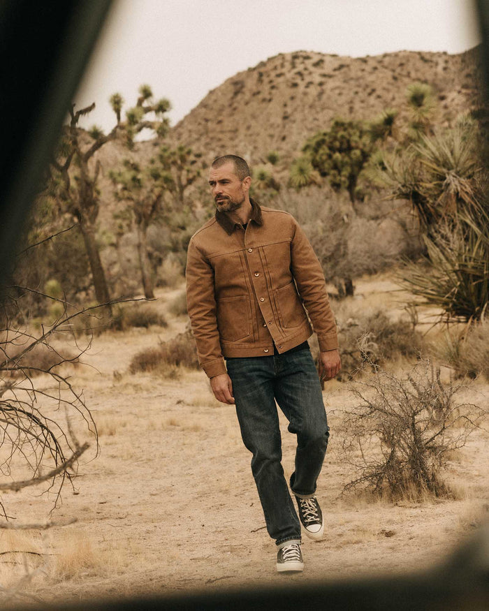 fit model showing off the back of The Ryder Jacket in Tobacco Chipped Canvas