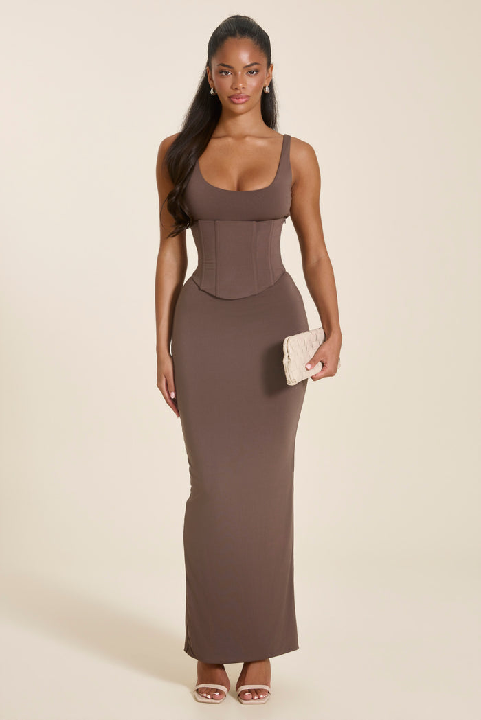 The Sandra Scoop Corset Maxi Dress in Brown