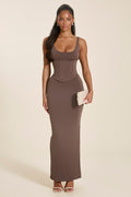 The Sandra Scoop Corset Maxi Dress in Brown