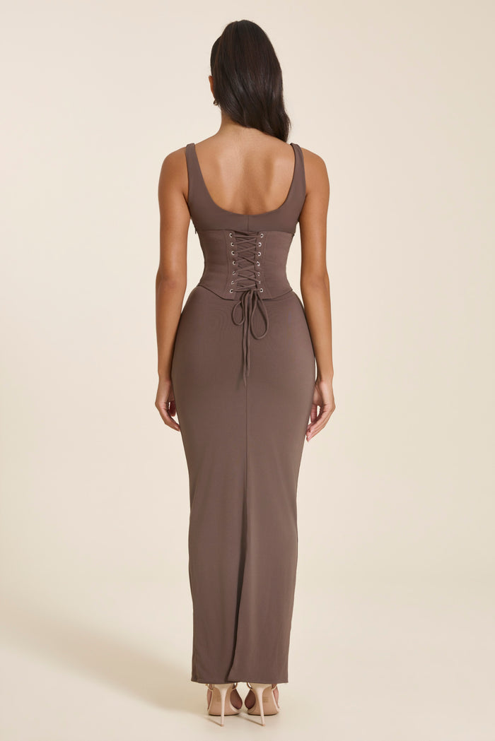 The Sandra Scoop Corset Maxi Dress in Brown