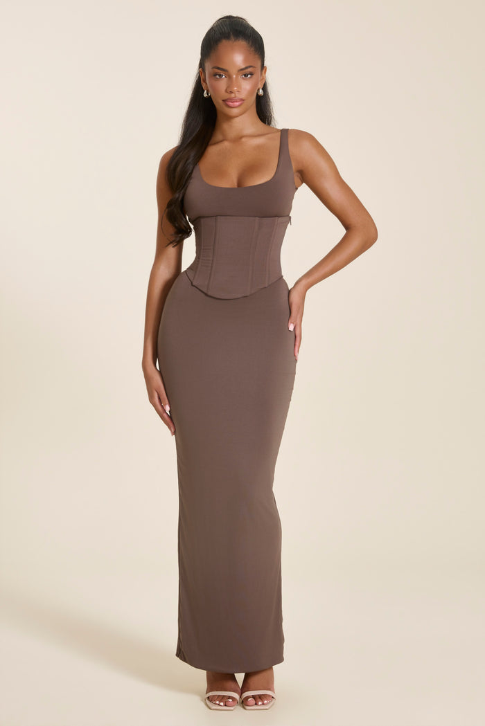 The Sandra Scoop Corset Maxi Dress in Brown