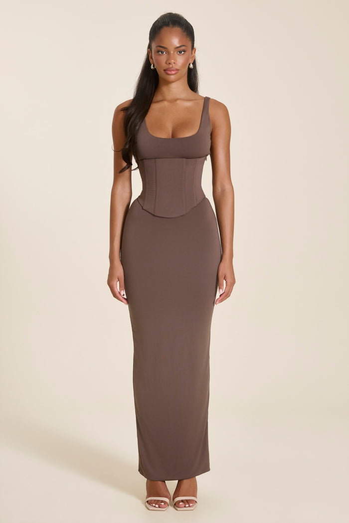 The Sandra Scoop Corset Maxi Dress in Brown
