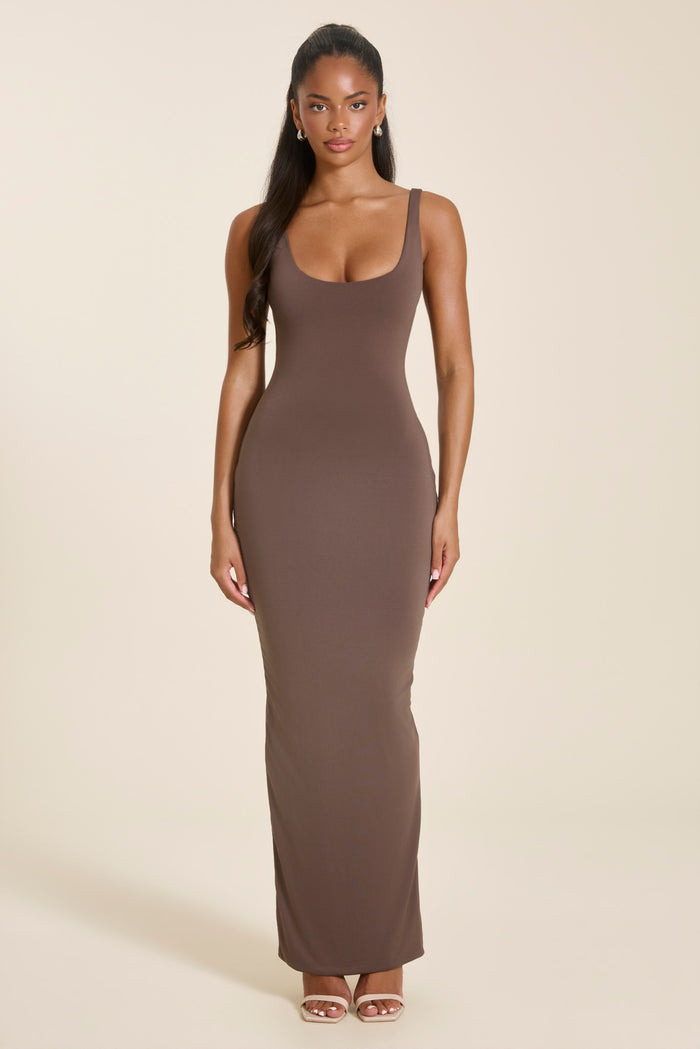 The Sandra Scoop Corset Maxi Dress in Brown