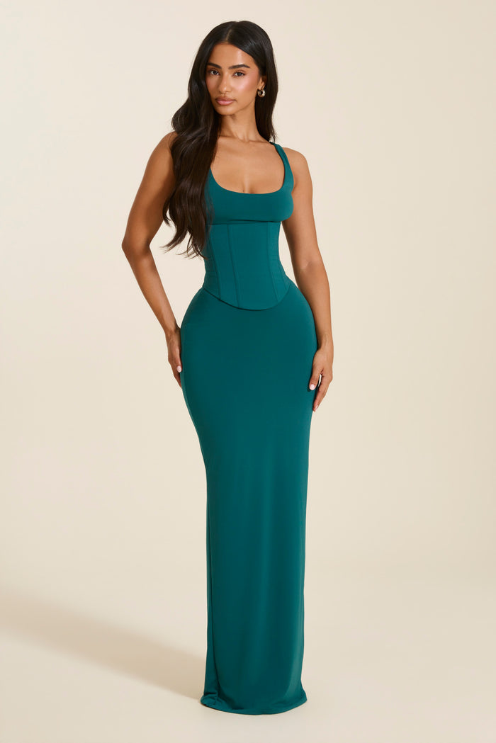 The Sandra Scoop Corset Maxi Dress in Teal