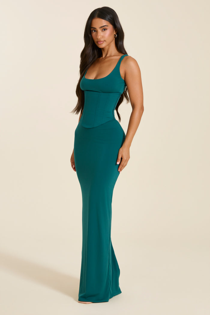 The Sandra Scoop Corset Maxi Dress in Teal