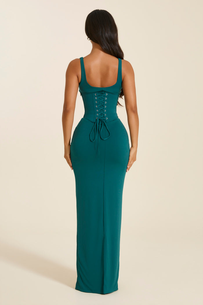 The Sandra Scoop Corset Maxi Dress in Teal