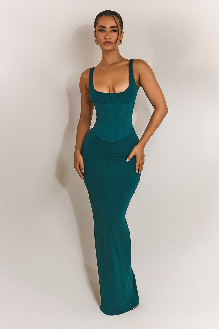 The Sandra Scoop Corset Maxi Dress in Teal