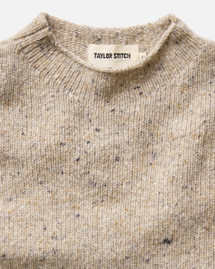material shot of the collar on The Seafarer Sweater in Natural Donegal