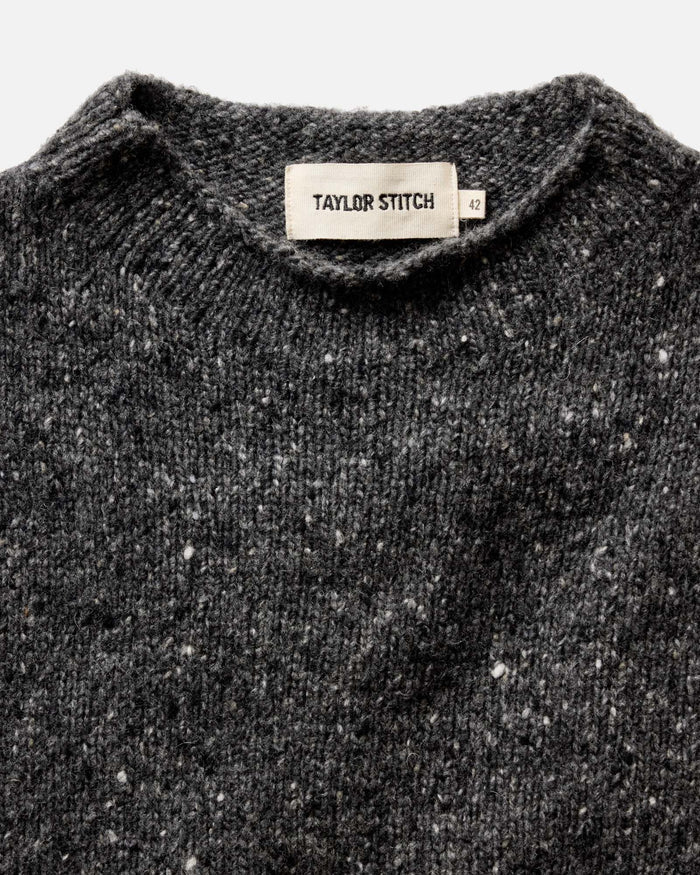 material shot of the collar on The Seafarer Sweater in Charcoal Donegal