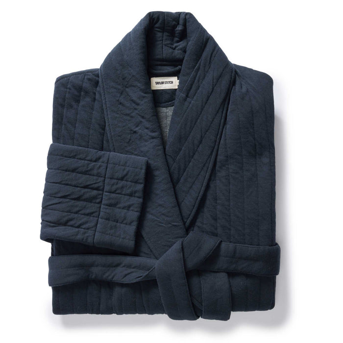 folded flatlay of The Shawl Robe in Heather Midnight Quilted Jersey