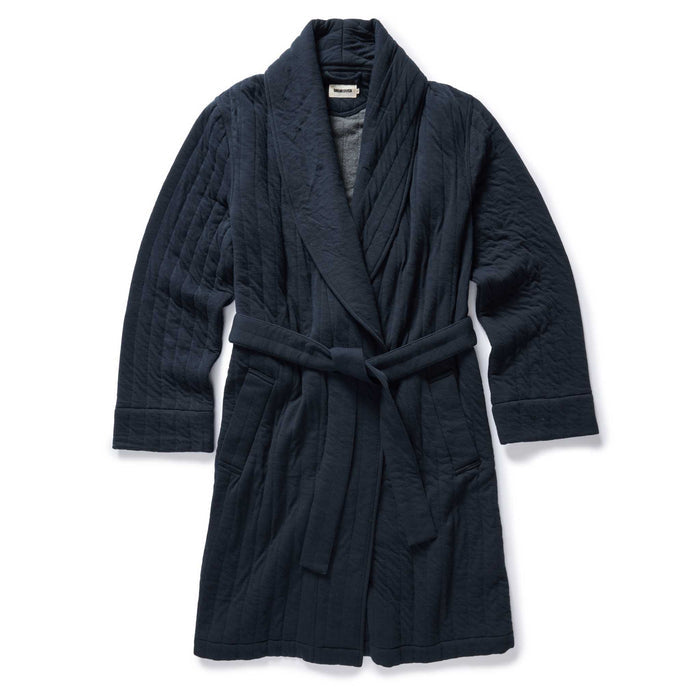 flatlay of The Shawl Robe in Heather Midnight Quilted Jersey