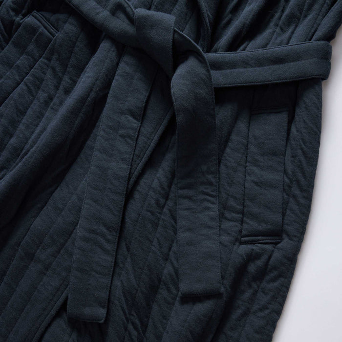 material shot of the tie on The Shawl Robe in Heather Midnight Quilted Jersey