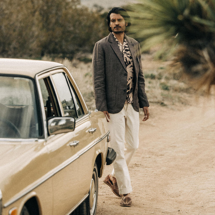 fit model walking by a vintage mercedes in The Sheffield Sport Coat in Cocoa Linen