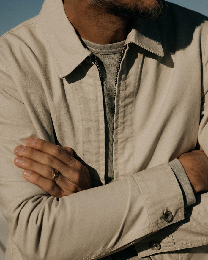 fit model showing off the zipper on The Shifter Jacket in Stone Pigment Canvas
