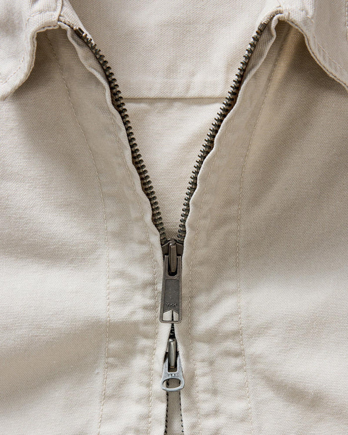 material shot of the collar on The Shifter Jacket in Stone Pigment Canvas